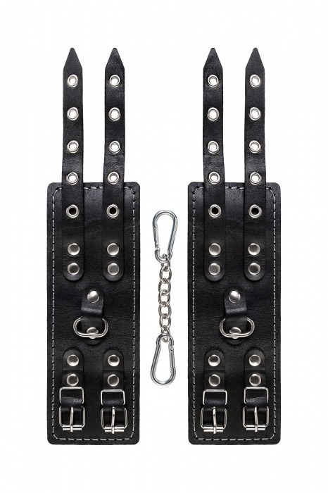 Черные кожаные наручники с двумя ремнями и красной подкладкой - Pecado - купить с доставкой в Смоленске