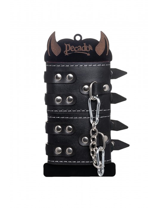Черные кожаные наручники с двумя ремнями и красной подкладкой - Pecado - купить с доставкой в Смоленске