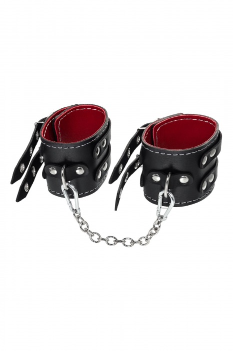 Черные кожаные оковы с двумя ремнями и красной подкладкой - Pecado - купить с доставкой в Смоленске