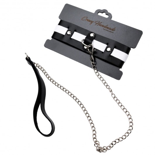 Черно-белый кожаный ошейник с поводком-цепочкой - Crazy Handmade - купить с доставкой в Смоленске