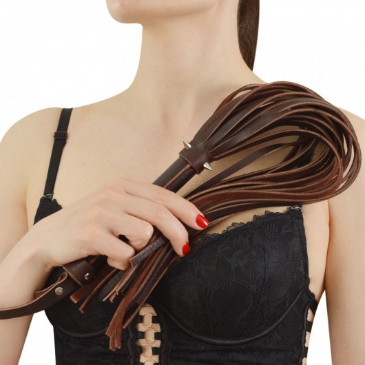 Коричневая кожаная плеть с шипами - 55 см. - Sitabella - купить с доставкой в Смоленске