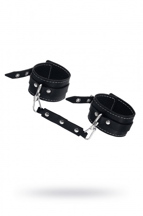 Черные двухслойные кожаные оковы с белой строчкой - Pecado - купить с доставкой в Смоленске