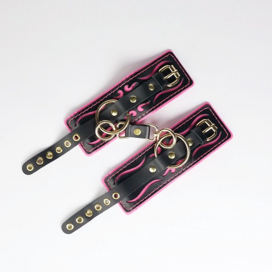 Черные кожаные наручники с розовой строчкой - Crazy Handmade - купить с доставкой в Смоленске