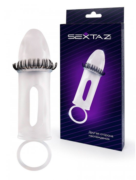 Закрытая насадка на пенис с подхватом мошонки и стимулирующими «ресничками» - Sextaz - в Смоленске купить с доставкой