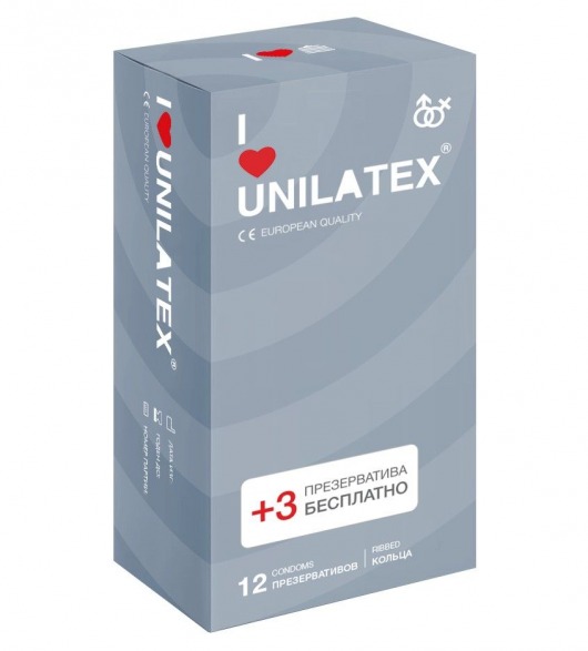 Презервативы с рёбрами Unilatex Ribbed - 12 шт. + 3 шт. в подарок - Unilatex - купить с доставкой в Смоленске