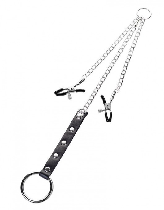 Серебристо-чёрные зажимы для сосков с кольцом для пениса TOYFA Metal - ToyFa - купить с доставкой в Смоленске